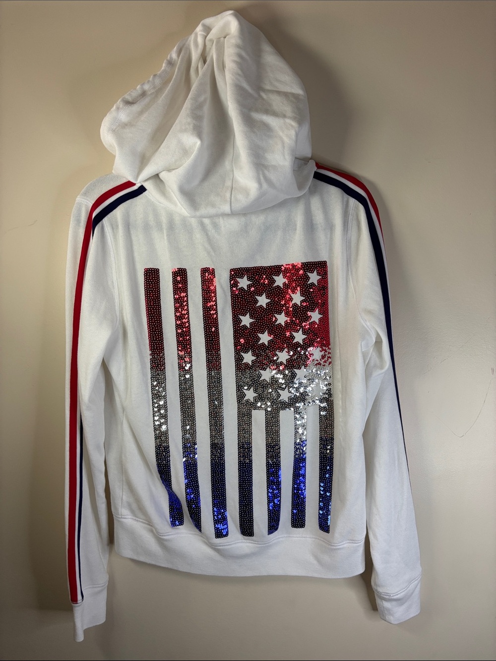PINK Victoria's Secret White Sequin American Flag Hooded Sweater